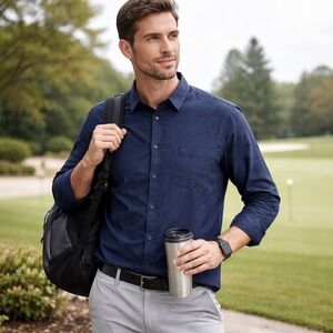 01.ALGO Performance Shirt Mens Size L Navy Blue Button Down Stretch Recycled